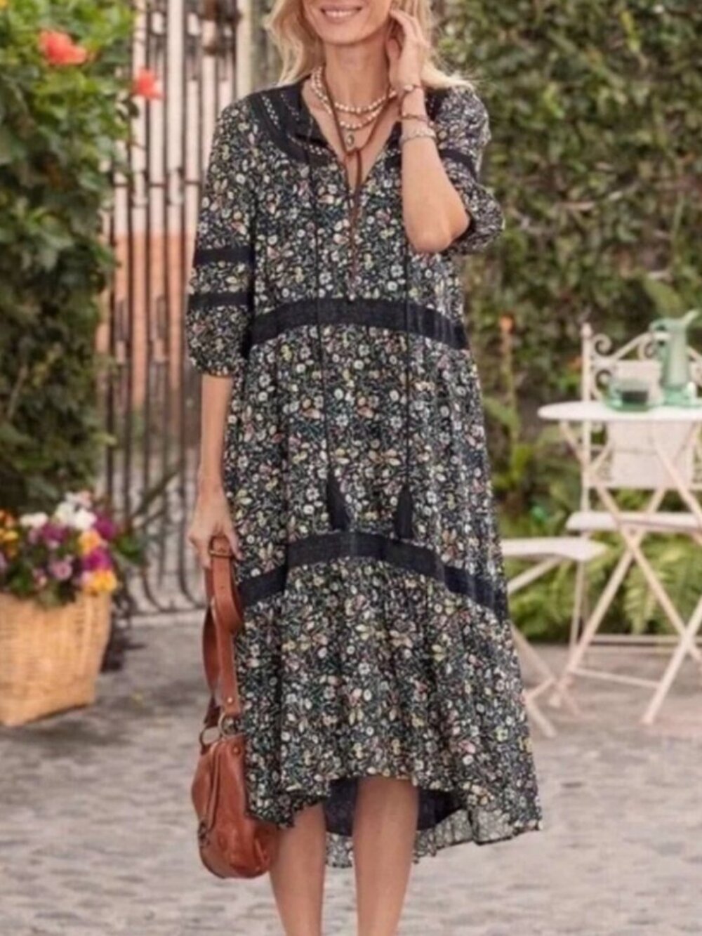 Sundance Isadora Blooms Floral Midi Dress S Black Cotton Viscose Tiered Boho - Picture 2 of 8